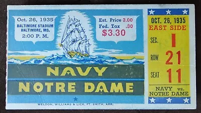 $49 • Buy October 26 1935 Navy Notre Dame Football Game Ticket Stub Baltimore Stadium