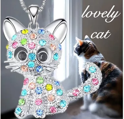£5.89 • Buy Colorful Crystal Diamante Kitty Cat Pendant Necklace Women Girls Birthday Gifts