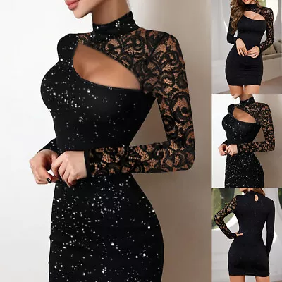 Womens Sexy Lace Hollow Out Mini Dress Evening Party Cocktail Night Club Bodycon • £13.59