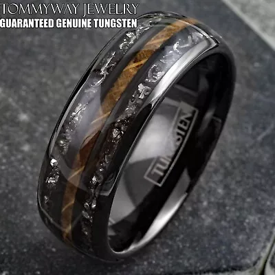 Black Tungsten Carbide Men's Ring Whiskey Barrel Wood & Meteorite Wedding Band • $23.99