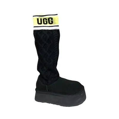 UGG Women's Classic Sweater Letter Platform Suede Black Boots 1144045 • $127.99