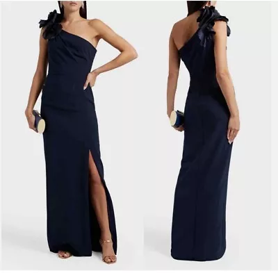 NEW Marchesa Navy Blue One Shoulder Gown Sz 4 Side Split Floral Applique • $300