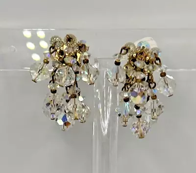 Vintage Vendome AB Faceted Glass Waterfall Clip On Earrings JCS • $23.99