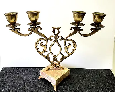 Vintage Solid Brass Four Candlesticks Candle Holder On Marble Base From Israel • $19.99