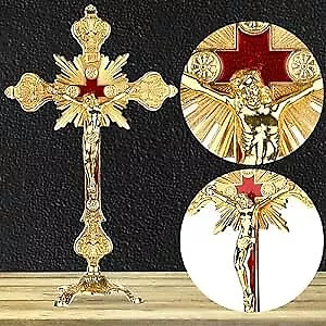 Standing Crucifix With Base 10  Tabletop Metal Catholic Jesus Antique Type2 • $34.92