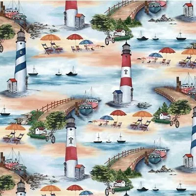 AT THE BEACH Fabric Michael Miller Lighthouse Harbour Seaside Boat Nautical Cott • £8.15