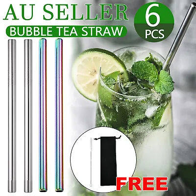 $6.85 • Buy 6pcs Stainless Steel Metal Bubble BOBA Tea Straws Bag Extra Wide Smoothie Straw