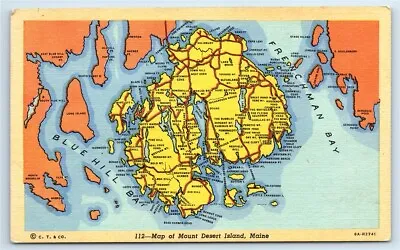 Postcard Map Of Mount Desert Island Maine Linen F193 • $2.99