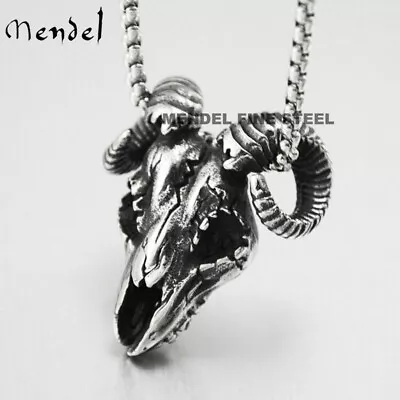 MENDEL Gothic Mens Biker Goat Ram Skull Pendant Necklace Silver Stainless Steel • $12.99