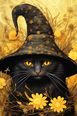 Cat In Witch Hat Fine Art Print Victorian Cat Wall Decor Gothic Poster Flower • $7.95