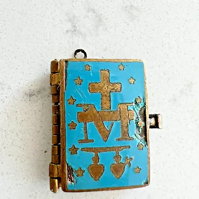 Antique Blue Enamel Book Locket Charm Brass Sacred Heart Cross Catholic Repair • $78