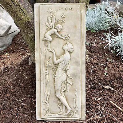 £22 • Buy Stone Garden Statue Ornament Sculpture Nymph & Cherub Angel Fairy Wall Plaque B