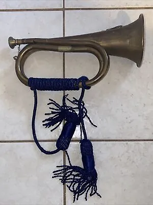 Vintage Military Bugle Horn Brass And Copper Musical Instrument & Blue Tassle • $75