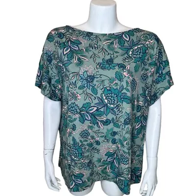 J Jill Womens Luxe Supima Short Sleeve Tee Top 2X Blue Green Floral Modal Blend • $19.99