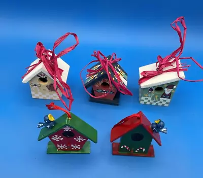 VTG Lot Of 5 Christmas Tree Mini Wood Bird House Ornaments Hand Painted Folk Art • $9.79