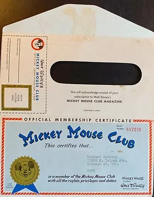 Vintage Mickey Mouse Club Membership Certificate No. 807126 & Unsigned ID Card • $10