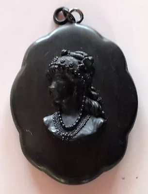 Antique Victorian Vulcanite Or Bog Oak Cameo Pendant * • $165