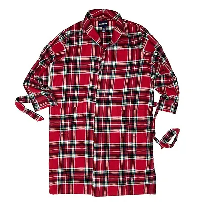 Men Robe M LANDS' END Red Plaid 18oz Cotton Flannel Pockets 44  Long Tie Close • $19