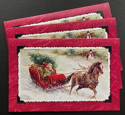 SET OF 3 Horse Drawn Red Sleigh Tree Christmas Cards Glitter Children Snowman • $9.99