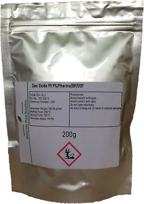 Zinc Oxide 99.9% Pure Pharma Grade/ BP/ USP Fine White Powder 200g • £9.99