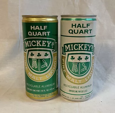 Vintage Mickey’s Fine Malt Liqour 2 Half Quart Aluminum Cans 1980s Green & White • $15.95