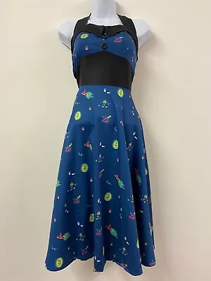 Halterneck Dress 1950s Goth Emo Rockabilly Vintage Retro Cartoon Science Blue • £14.99