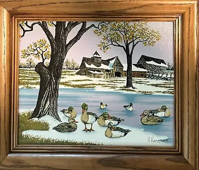 H Hargrove Original Oil Painting Snow Holiday Winter Farm Scene W Ducks 12x10.5” • $27.30