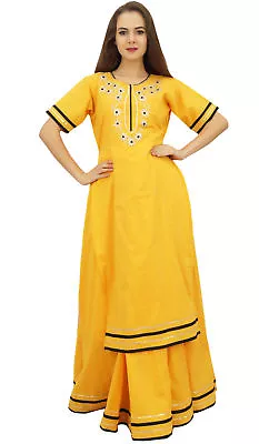 Bimba Women's Mustard Classy Cotton Long Kurta Skirt Dress Indian Clothing • $59.39