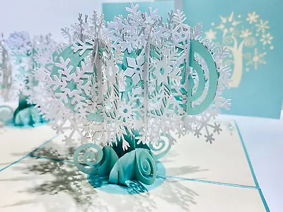 Origami Pop Cards Snowflake Tree White & Blue 3D Pop Up Greeting Card Christmas • $19.95