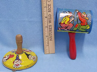 Vintage Metal Toy Noise Maker Tin With  Wood Handle Clown Balloon Lot Of 2 • $15.99