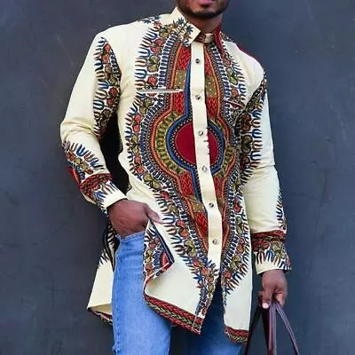 Mens Long Sleeve Longline African Dashiki Dress Shirt Ethnic Totem Print Tops UK • £27.59