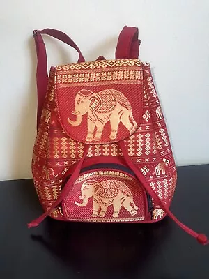Ethics Red Gold Elephant Pattern Polyester Canvas Drawstring Top Backpack • $12