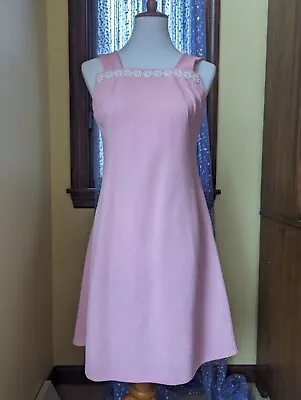 Vintage 70's Pink Daisy Polyester Jumper Bib Mini Dress Small • $19.99