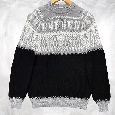 VINTAGE Icelandic Sweater Adult Small Black Grey Alpaca Mohair Knit Pullover Y2K • $48