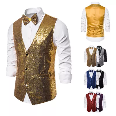 Men Glitter Sequin Waistcoat Business Party Dress Suit Button Down Dance Vest • £13.99