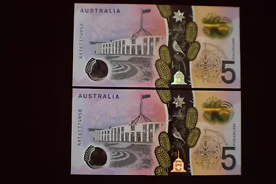 2016 Unc $5 Next Generation Polymer Banknote Consecutive Pair First Prefix Aa16 • $45