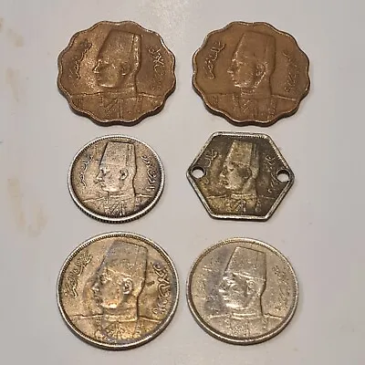 Collection Of 6  Egypt Egyptian Milliemes Qirsh Coins  Farouk Good To Very Good • £10