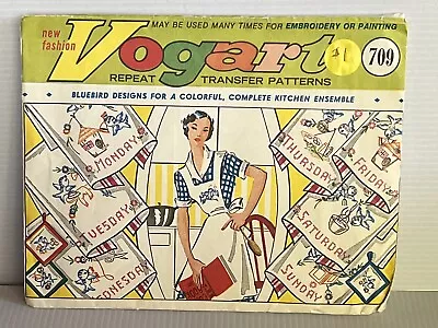 Vintage VOGART #709-BLUE BIRDS-DAYS/WEEK HOT IRON EMBROIDERY TRANSFER PATTERN • $10.99