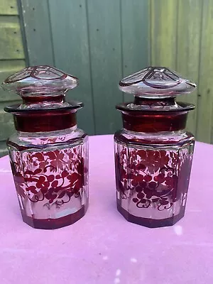 Vintage Victorian Ruby Hand Painted Glass Faceted  Lidded Jar X 2 • £25