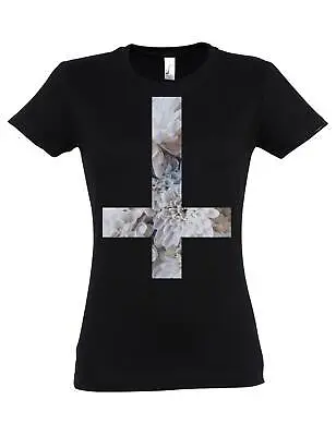 Inverted Flower Cross Women T-Shirt Symbol Pentagram Church Of Satan Satanism • £22.79