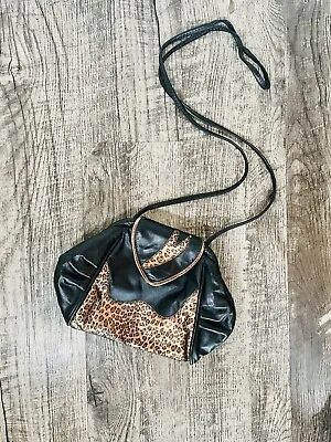 Vintage 80s Purse Leopard Print Faux Leather Clam Shell Crossbody Estate • $30