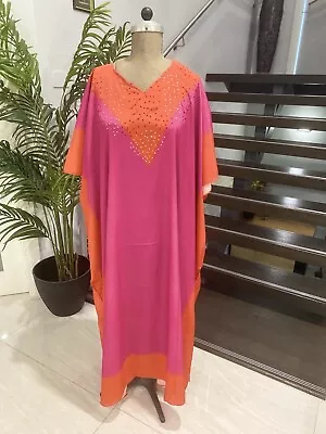 New Embellished Long SILK Blend Kaftan/ Resort Wear Soft And Flowy V Neck • $51.64