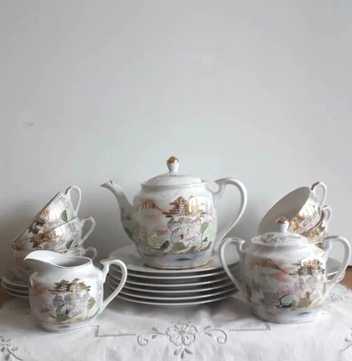 £85 • Buy Vintage Kutani Japanese Fujiyama Mount Fuji Geisha Lithophane Fine China Tea Set