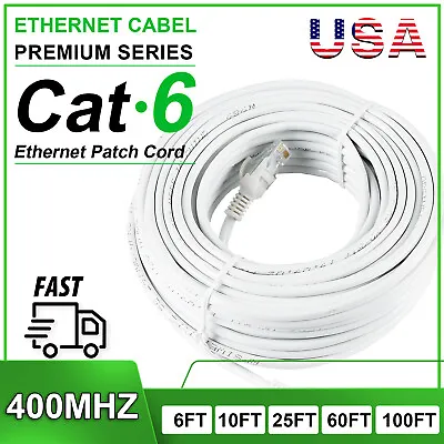 Cat6 Ethernet Cable RJ45 Network Cord Internet White Patch 6/10/25/60/100ft • $18.99