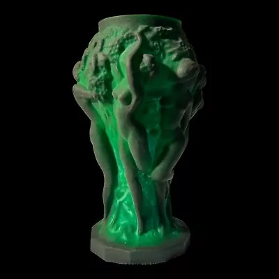 Antique Art Deco Hand Made BOHEMIA Malachite Green Glass Nudes Vase Czech Art • $285