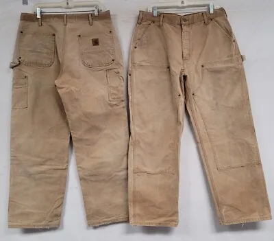 $51 • Buy Lot Of 2 Vintage Carhartt Carpenter Pants Double Knee Distressed Faded 35x30 Usa