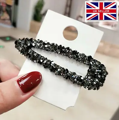 £5.38 • Buy  Black Crystal Diamante Snap Clip Hair Grips Slides Hair Accessories 8.5cm
