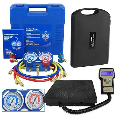 $104.58 • Buy Manifold Gauge Set R134a R410a R22 & Electronic Digital Refrigerant Scale Deluxe