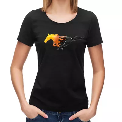 Mustang Ladies Flaming Running Horse Black T-Shirt EXCLUSIVE! Free USA Shipping! • $27.82