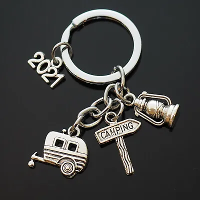 2021 Vintage Trailer Wagon Camper Camping Lantern Silver Keychain Gift Key Chain • $7.29